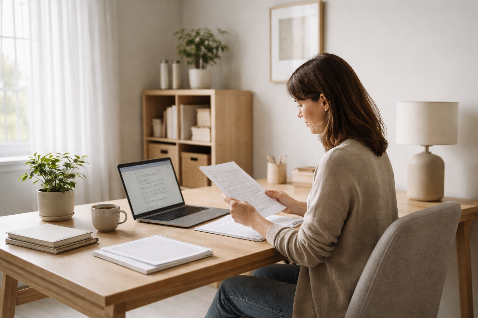 Reviewing documents calmly in a quiet workspace